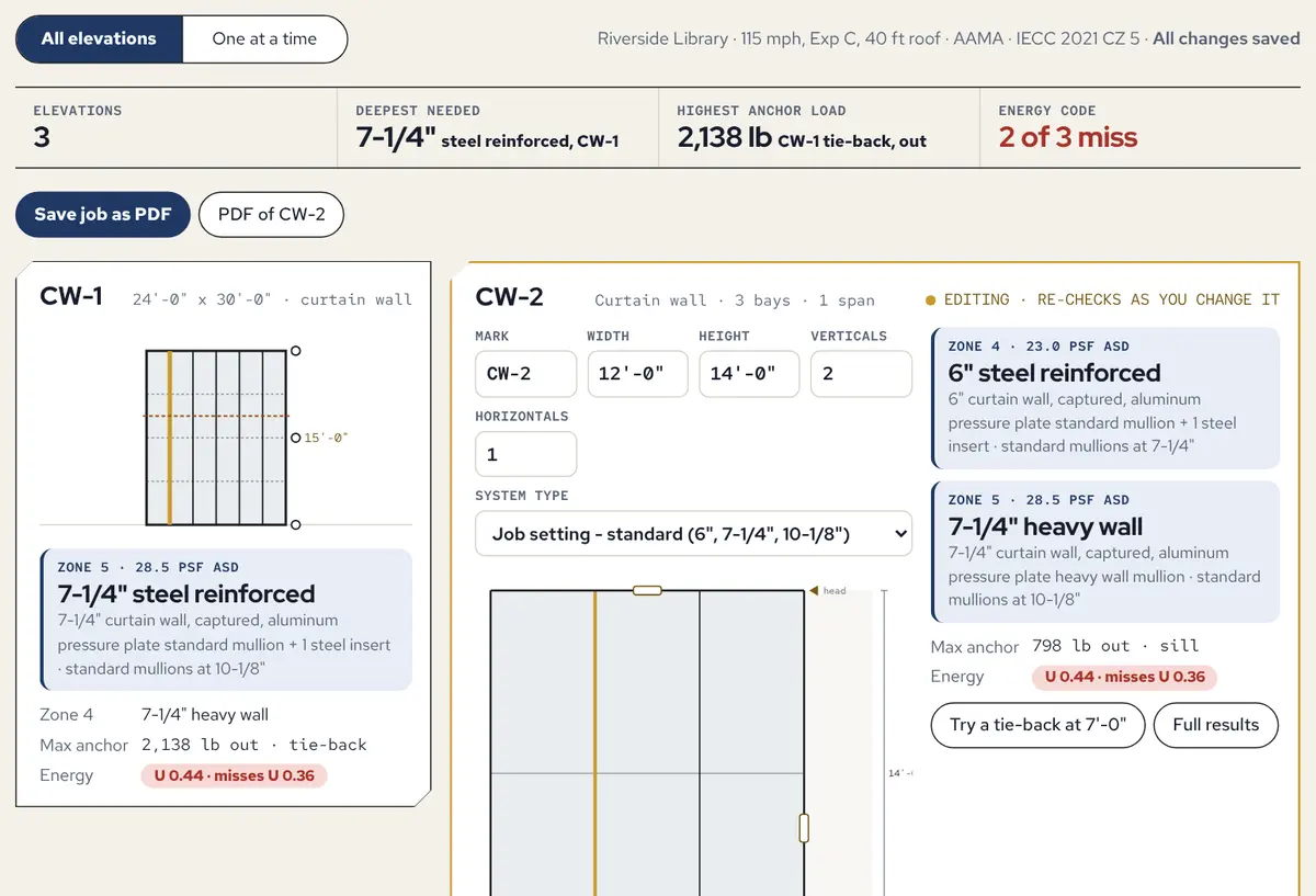 Pre-Con Assist with three elevations: the job totals, a card per elevation and the elevation being edited, with its mullion depth for each wind zone, anchor load and energy-code result
